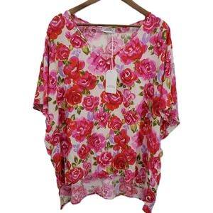 NWT Womens 2X Floral Chiffon Top Pink Red Rose Print Sheer V-Neck Blouse Plus